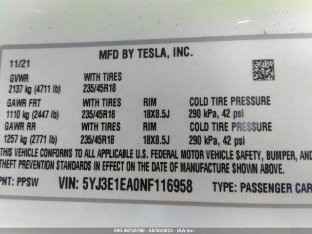 5YJ3E1EA0NF116958 Tesla MODEL 3