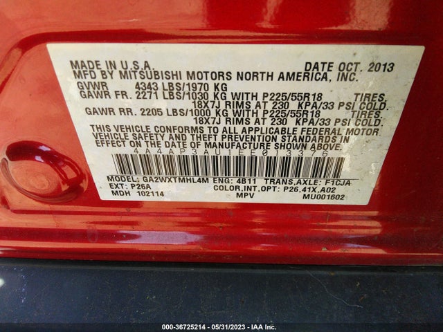 4A4AP3AU1EE013376 Mitsubishi Outlander Sport Es