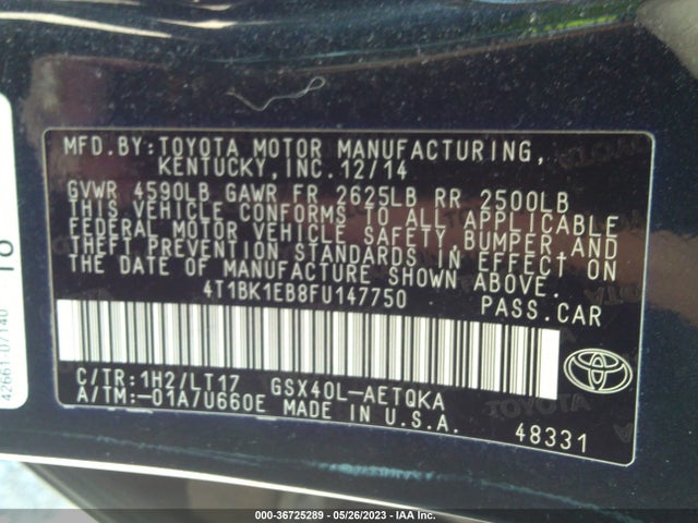 Toyota AVALON LIMITED 2015 4T1BK1EB8FU147750 Image 10