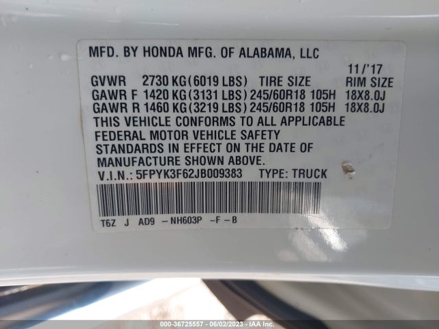 Honda Ridgeline Rtl-t 2018 5FPYK3F62JB009383 Image 9