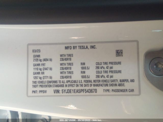 5YJ3E1EA5PF543670 Tesla MODEL 3