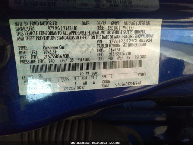 2012 FORD FOCUS SE VIN: 1FAHP3K21CL453924