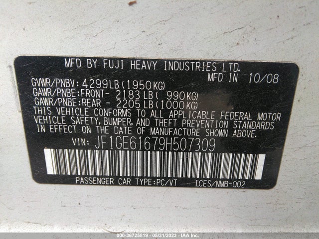2009 SUBARU IMPREZA SEDAN I VIN: JF1GE61679H507309