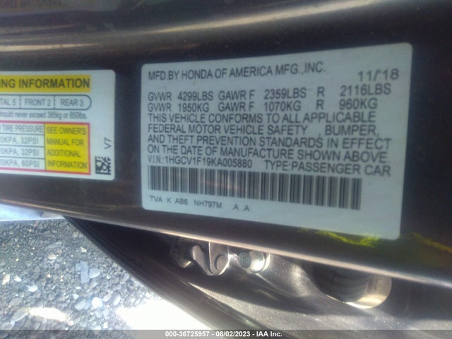 2019 HONDA ACCORD SEDAN LX 1.5T VIN: 1HGCV1F19KA005880