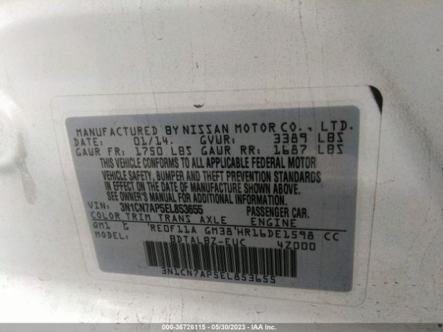 3N1CN7AP5EL853655 Nissan VERSA SV