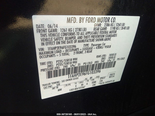 Ford TAURUS SEL 2015 1FAHP2E96FG103396 Image 11