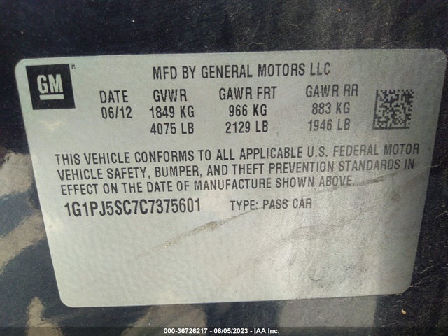 2012 CHEVROLET CRUZE ECO VIN: 1G1PJ5SC7C7375601