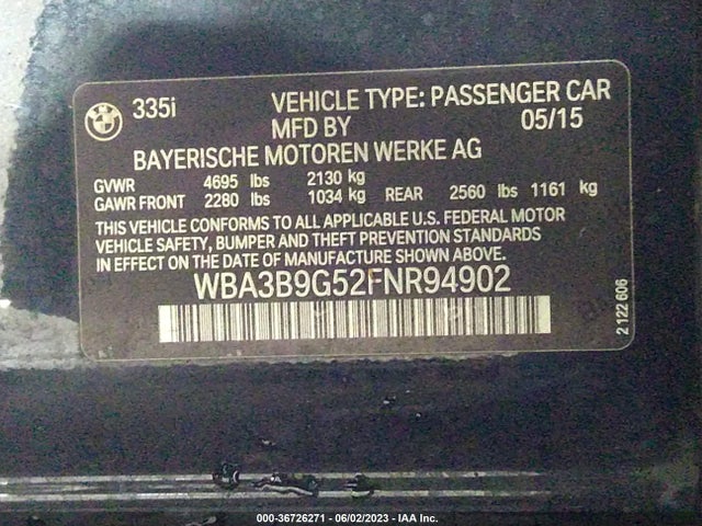 2015 BMW 3 SERIES 335I XDRIVE VIN: WBA3B9G52FNR94902