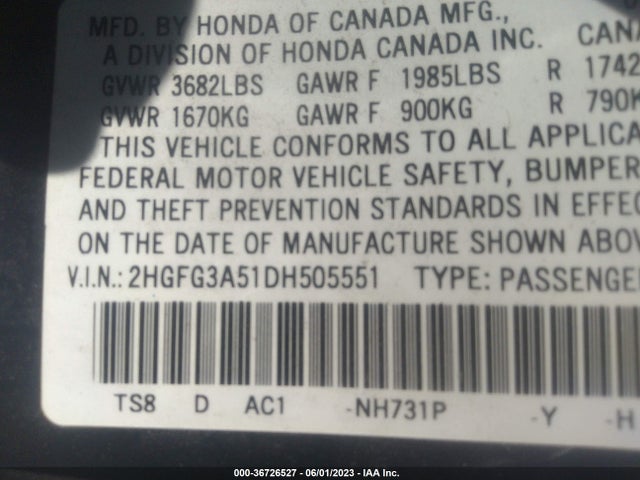2013 HONDA CIVIC CPE LX VIN: 2HGFG3A51DH505551