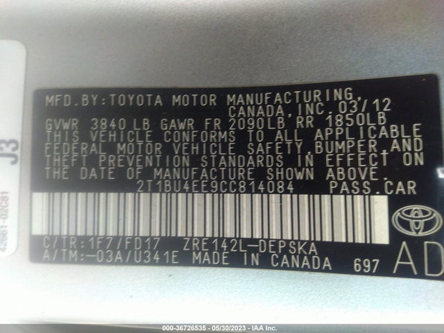 2012 TOYOTA COROLLA L/LE/S VIN: 2T1BU4EE9CC814084