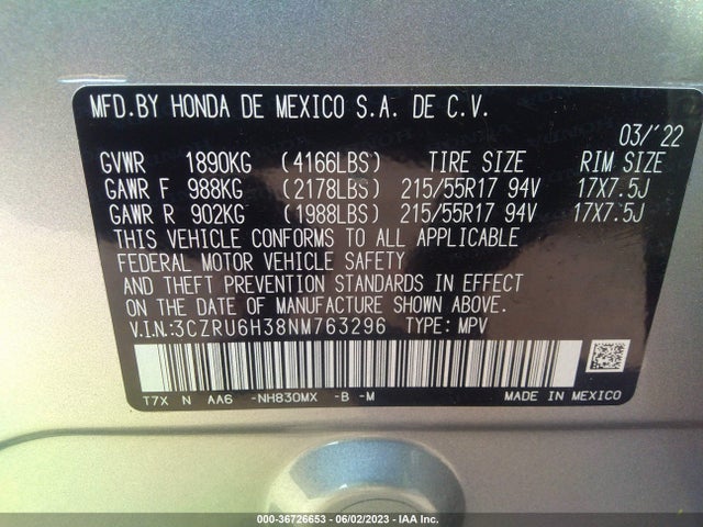 2022 HONDA HR-V LX VIN: 3CZRU6H38NM763296