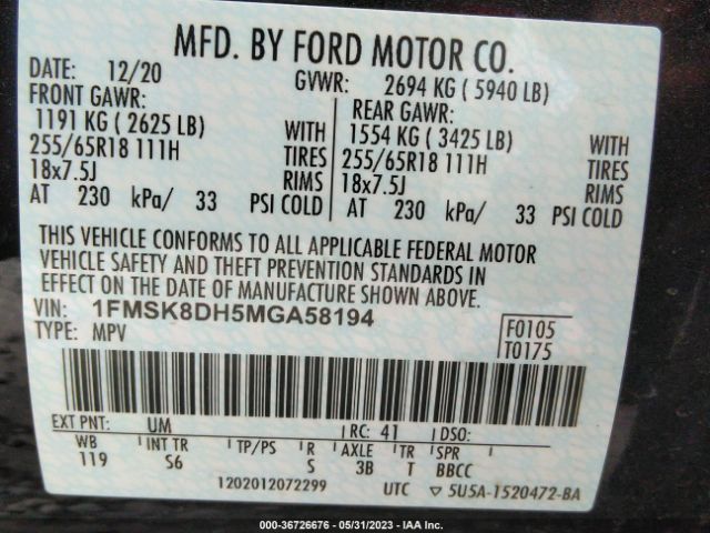 1FMSK8DH5MGA58194 Ford EXPLORER XLT