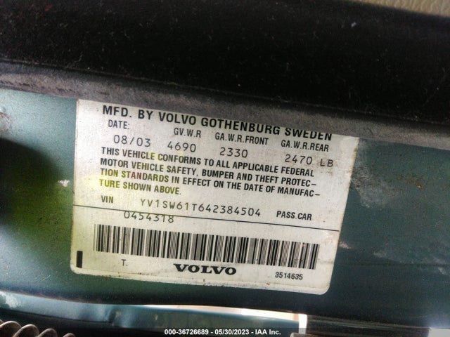 2004 VOLVO V70 VIN: YV1SW61T642384504