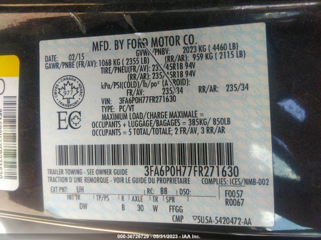 Ford FUSION SE 2015 3FA6P0H77FR271630 Image 9