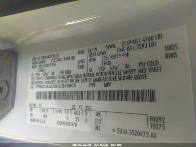 1FMCU9GD3KUB06805 Ford ESCAPE SE