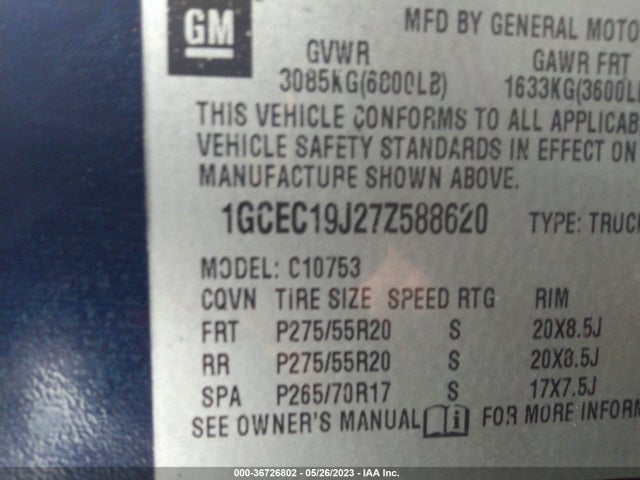 2007 CHEVROLET SILVERADO 1500 LTZ VIN: 1GCEC19J27Z588620