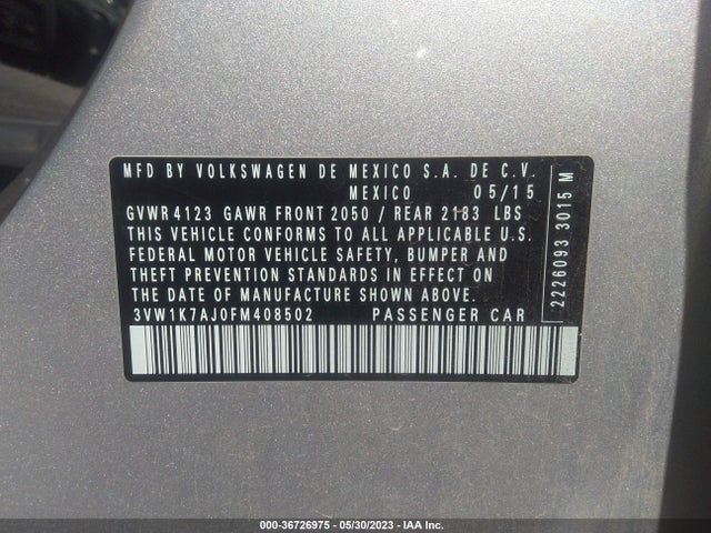 3VW1K7AJ0FM408502 Volkswagen Jetta Sedan 2.0l S W/technology