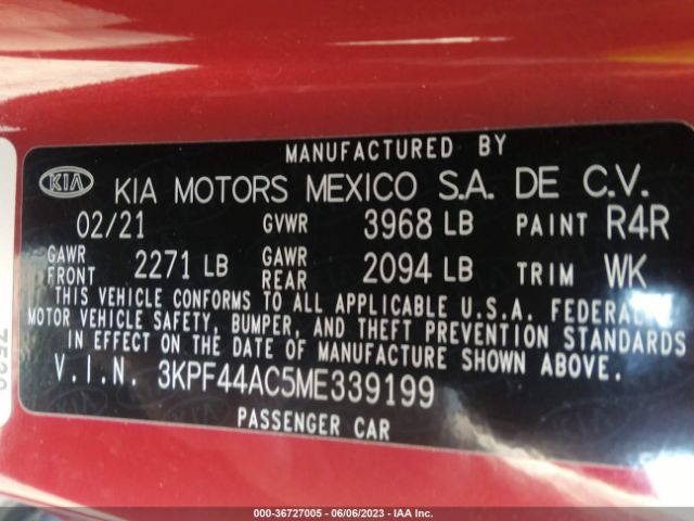 3KPF44AC5ME339199 KIA FORTE GT