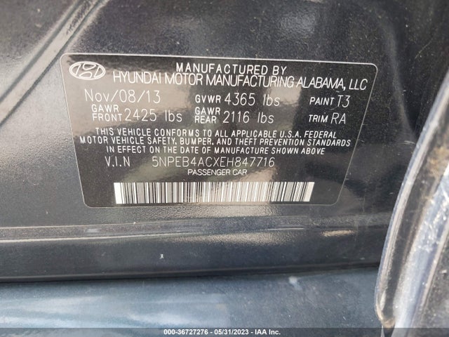 36727276 :رقم المزاد ، 5NPEB4ACXEH847716 vin ، 2014 Hyundai Sonata Gls مزاد بيع
