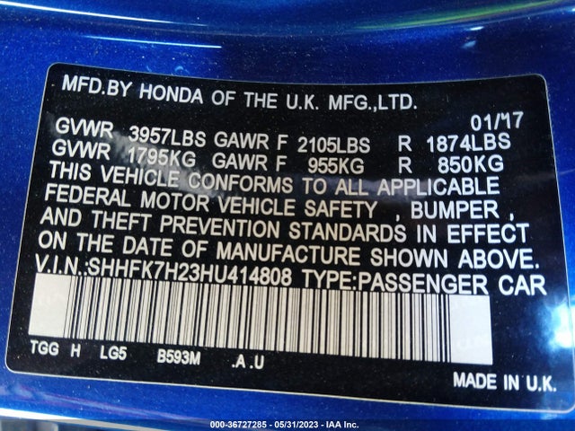 Honda Civic Lx 2017 SHHFK7H23HU414808 Image 9
