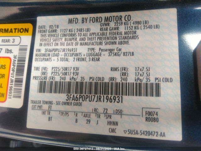 3FA6P0PU7JR196931 Ford Fusion Energi Se