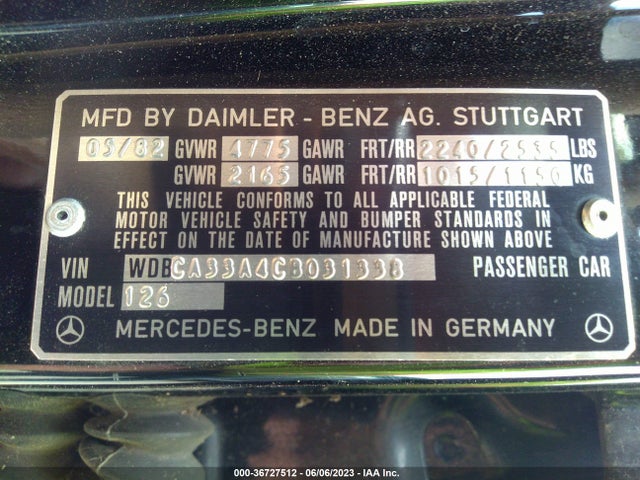 1982 MERCEDES-BENZ 380 SEL VIN: WDBCA33A4CB031338