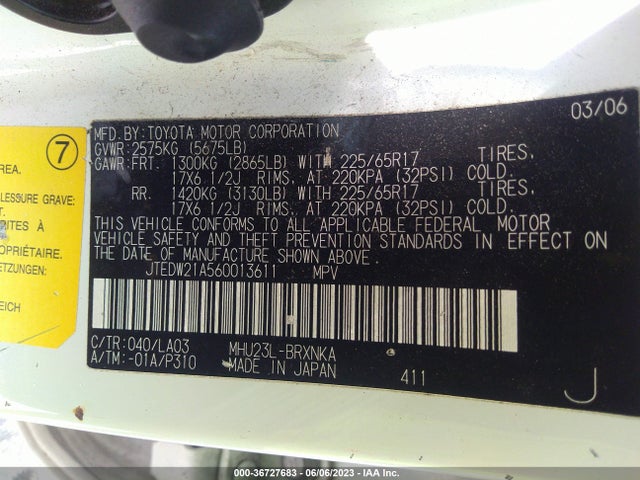 2006 TOYOTA HIGHLANDER HYBRID VIN: JTEDW21A560013611