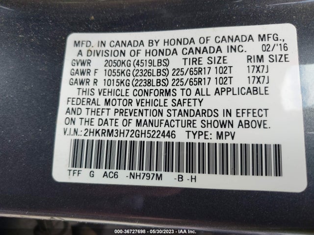 Honda Cr-v Ex-l 2016 2HKRM3H72GH522446 Image 9