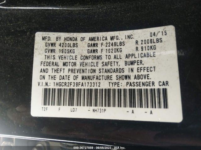 Honda Accord Sedan Lx 2015 1HGCR2F39FA173312 Image 9