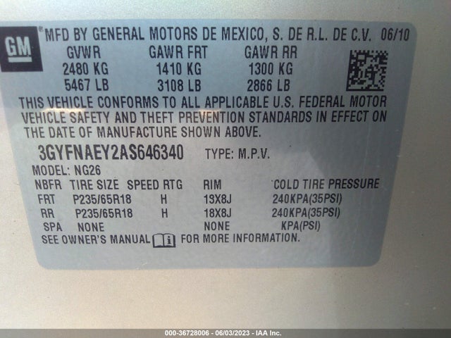 2010 CADILLAC SRX LUXURY COLLECTION VIN: 3GYFNAEY2AS646340