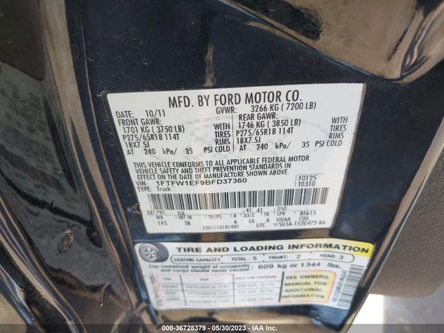 2011 FORD F-150 XL/XLT/FX4/LARIAT VIN: 1FTFW1EF9BFD37360