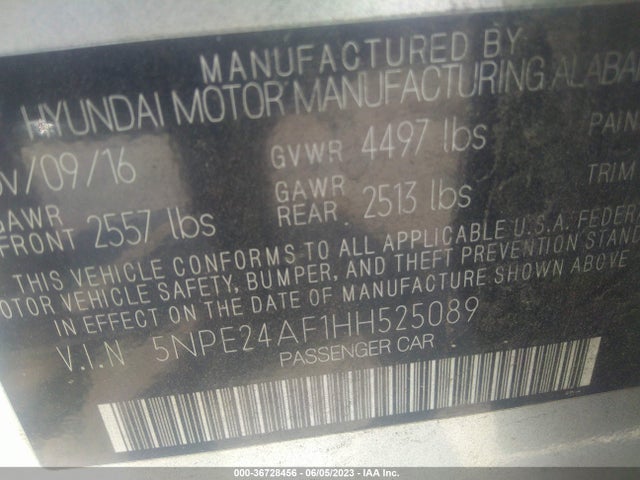 Hyundai Sonata 2.4l 2017 5NPE24AF1HH525089 Image 10