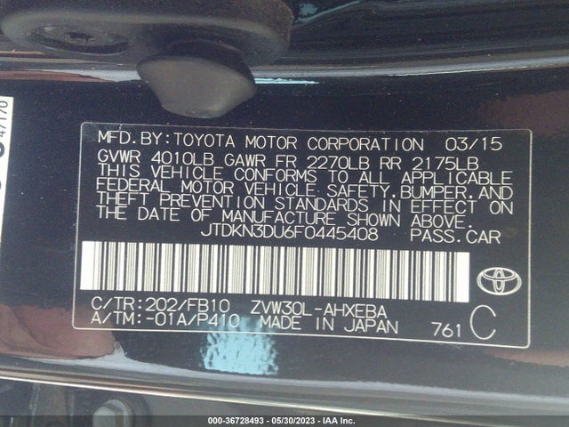 2015 TOYOTA PRIUS FOUR VIN: JTDKN3DU6F0445408