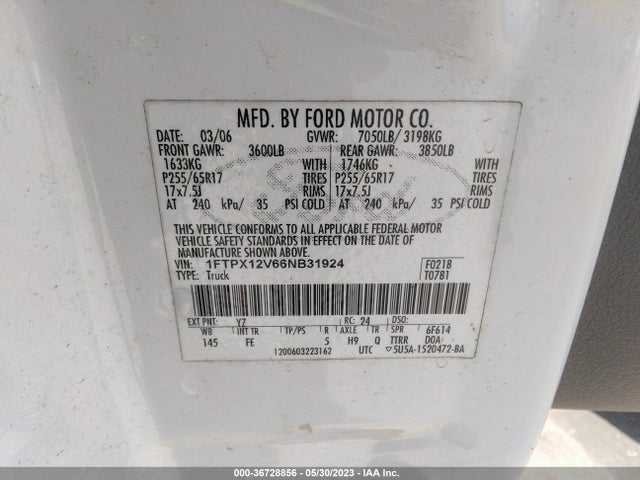 2006 FORD F-150 XL/XLT/LARIAT VIN: 1FTPX12V66NB31924