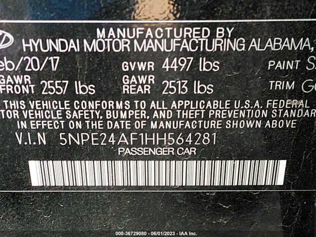 2017 HYUNDAI SONATA SE VIN: 5NPE24AF1HH564281