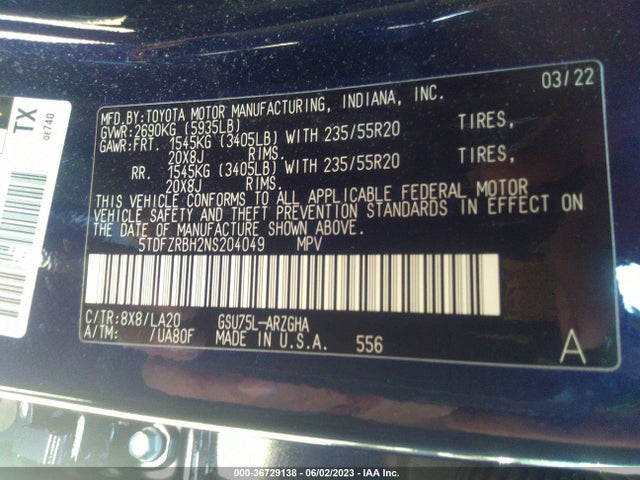 Toyota Highlander Platinum 2022 5TDFZRBH2NS204049 Image 9