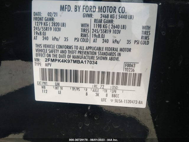 2021 FORD EDGE TITANIUM VIN: 2FMPK4K97MBA17034
