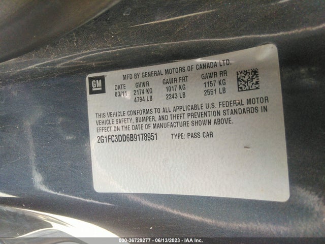 2011 CHEVROLET CAMARO 2LT VIN: 2G1FC3DD6B9178951