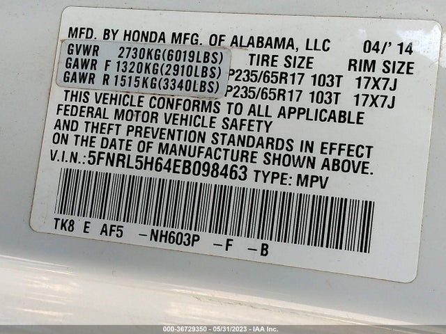 Honda Odyssey Ex-l 2014 5FNRL5H64EB098463 Image 9