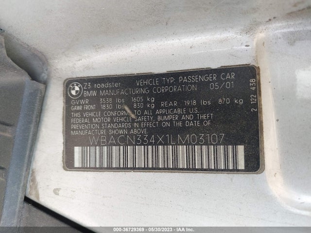 2001 BMW Z3 2.5I VIN: WBACN334X1LM03107