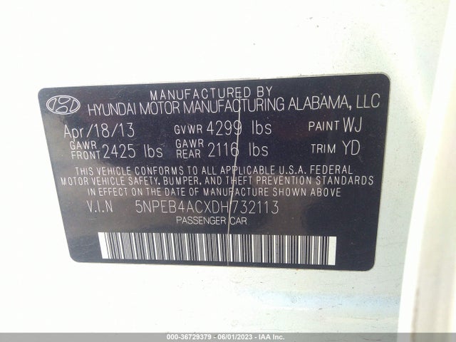 2013 HYUNDAI SONATA GLS PZEV VIN: 5NPEB4ACXDH732113