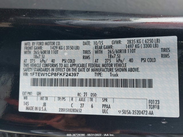 2015 FORD F-150 XL/LARIAT/XLT VIN: 1FTEW1CP8FKF24397