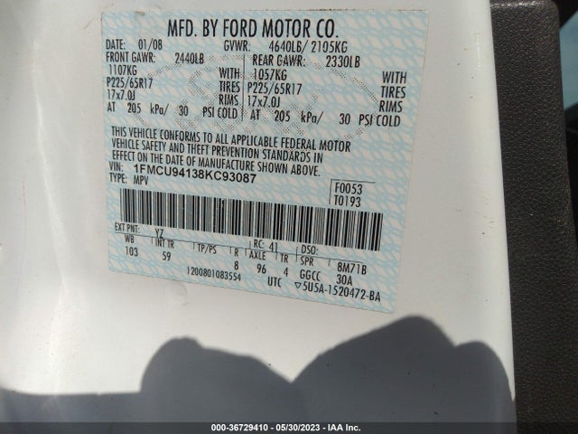 2008 FORD ESCAPE LIMITED VIN: 1FMCU94138KC93087