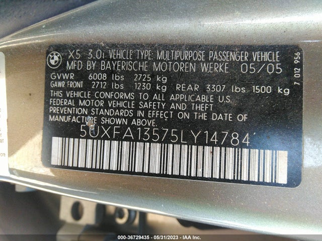 2005 BMW X5 3.0I VIN: 5UXFA13575LY14784
