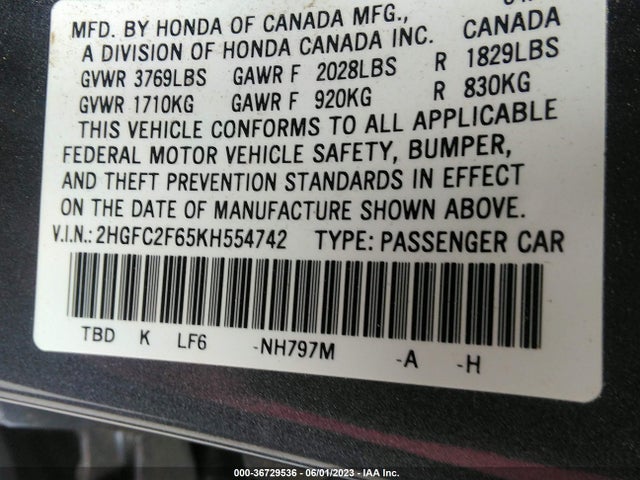 Honda Civic Sedan Lx 2019 2HGFC2F65KH554742 Image 10