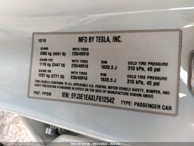 Tesla Model 3 Standard Range 2020 5YJ3E1EAXLF612542 Image 10