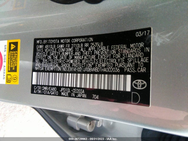 Toyota Mirai 2017 JTDBVRBD1HA002036 Image 9