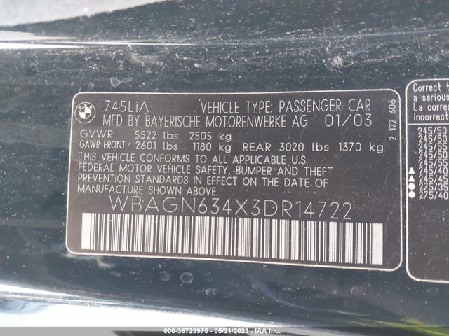 2003 BMW 7 SERIES 745LI VIN: WBAGN634X3DR14722