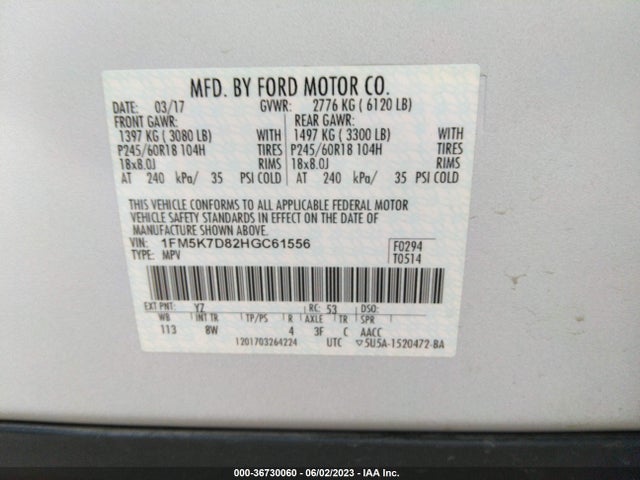 2017 FORD EXPLORER XLT VIN: 1FM5K7D82HGC61556