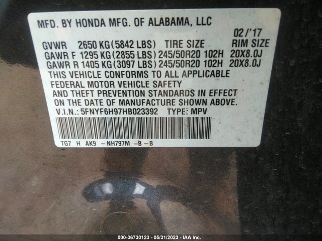 Honda Pilot Touring 2017 5FNYF6H97HB023392 Image 10